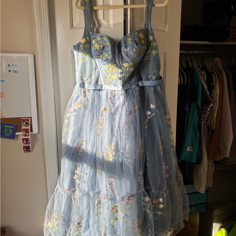 Amazon Blue Ruffled Tiered Midi Dress Sweetheart Neckline